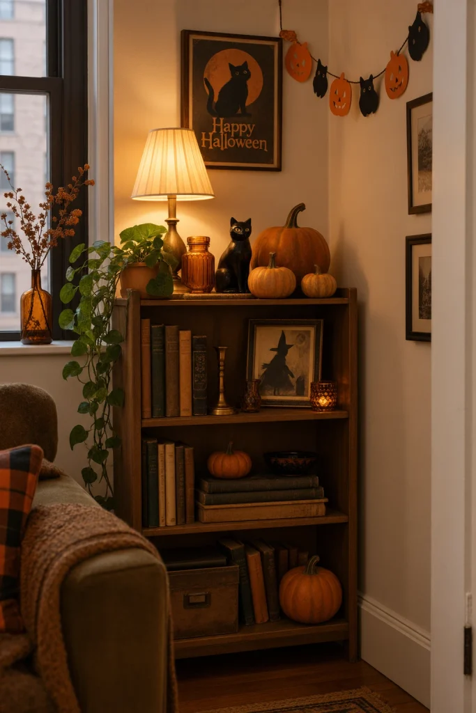 Small apartment corner decorated with vintage Halloween decor