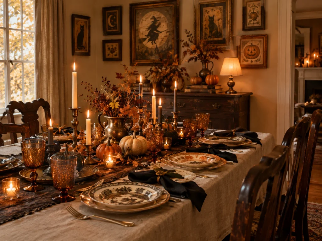 Vintage Halloween tablescape with pumpkins, amber glass, candles, and autumn details