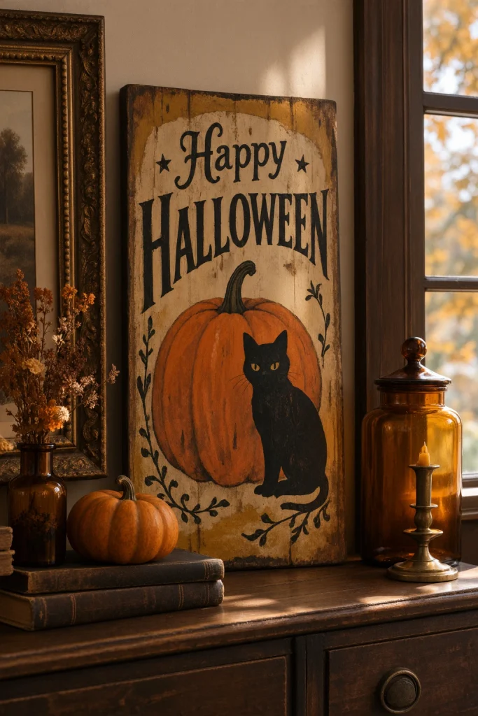 Handmade vintage-style Halloween sign with a faded pumpkin and black cat