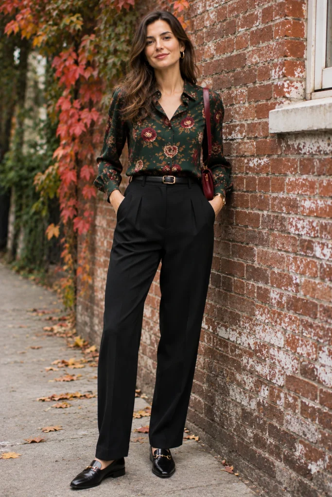 Dark floral blouse paired with black tailored trousers and classic loafers for fall.