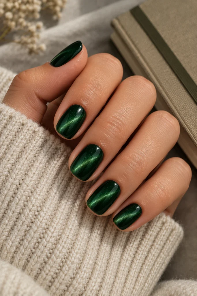 Short squoval forest green cat eye nails with subtle magnetic shimmer.
