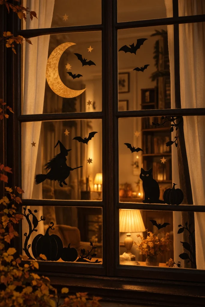 Vintage Halloween paper silhouettes decorating a cozy window