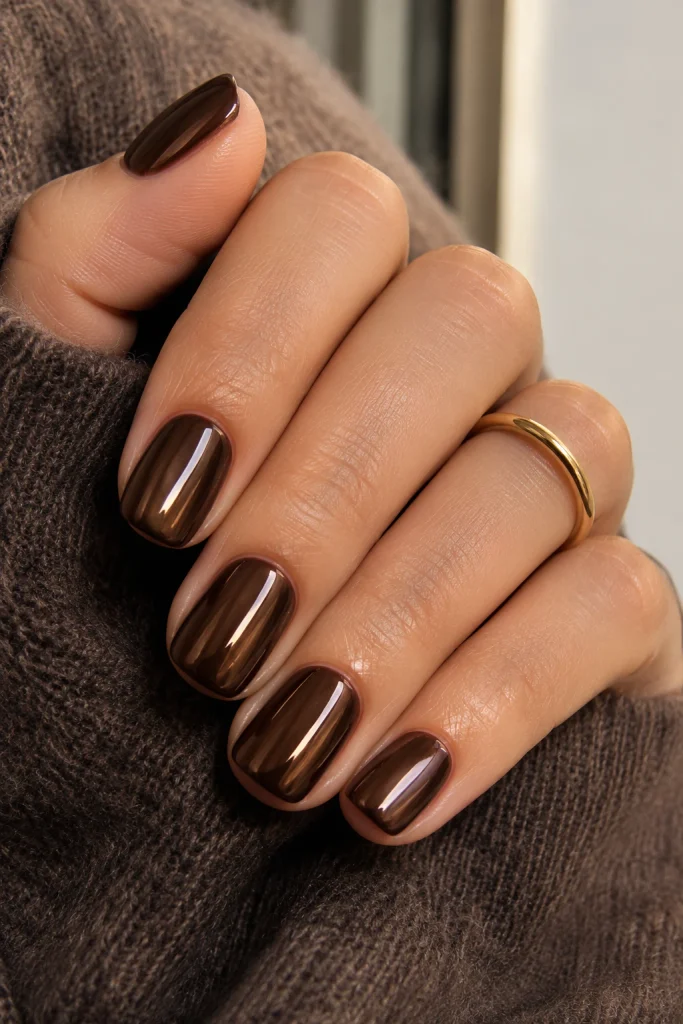 Short deep espresso-brown chrome nails with a dark glossy metallic finish.
