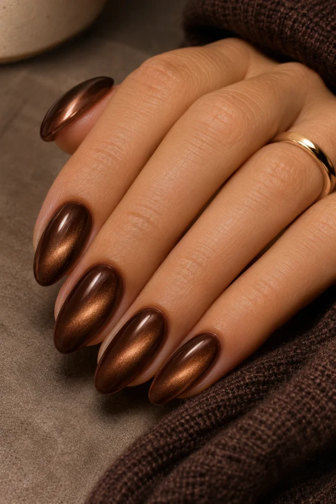 Deep espresso velvet chrome nails with a soft multidimensional brown glow.