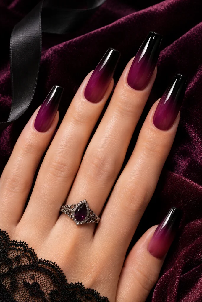Deep Plum and Black Ombre Coffin Nails