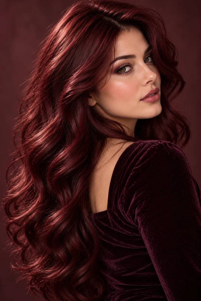 Deep wine-red hair with glossy burgundy and berry tones in long layered waves.