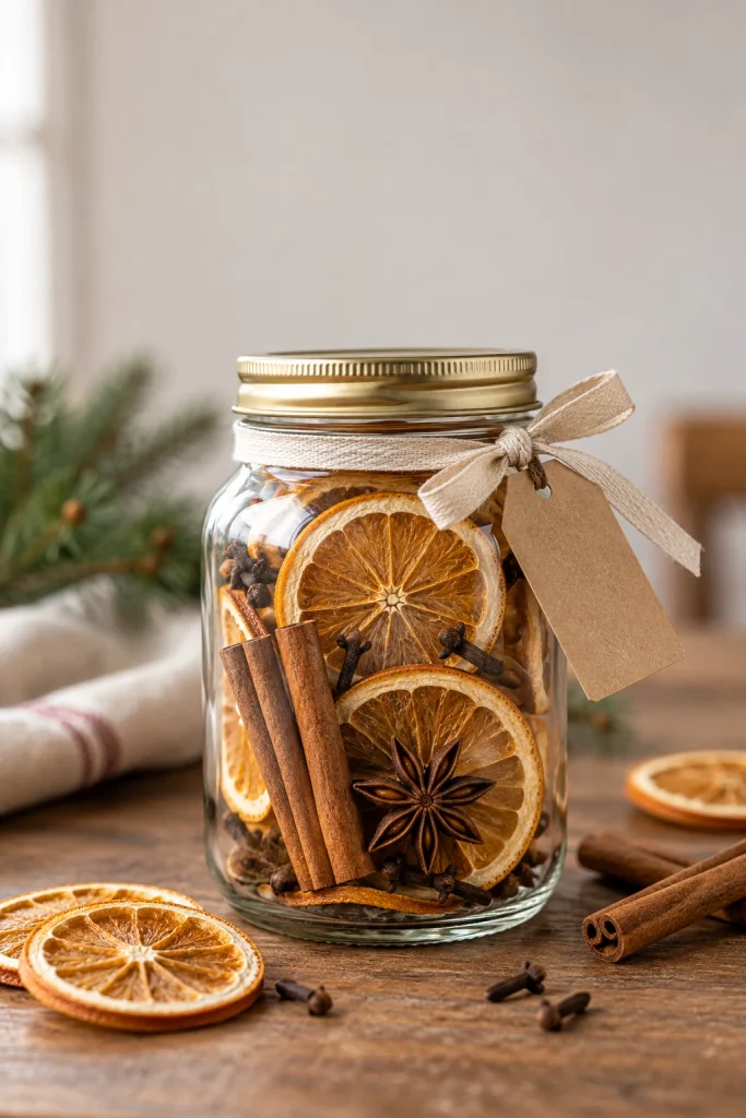 Homemade Christmas simmer pot gift jar with dried orange slices, cinnamon, cloves, and star anise.