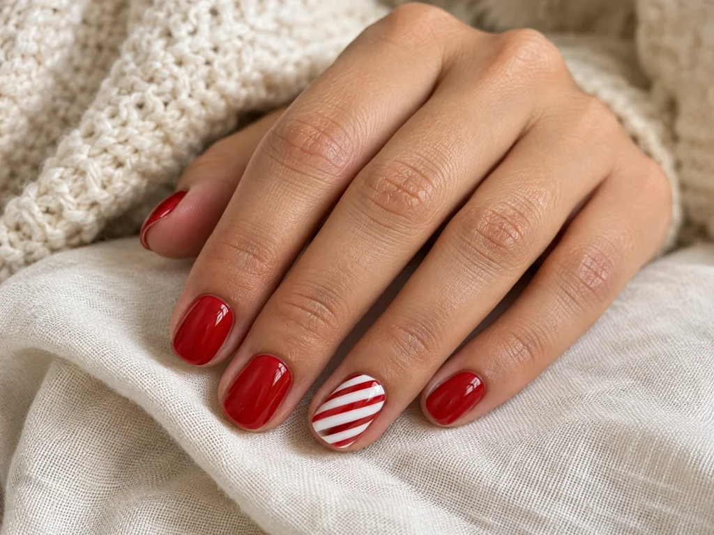Easy candy cane Christmas nail art with thin red diagonal stripes on a white accent nail and glossy red nails.