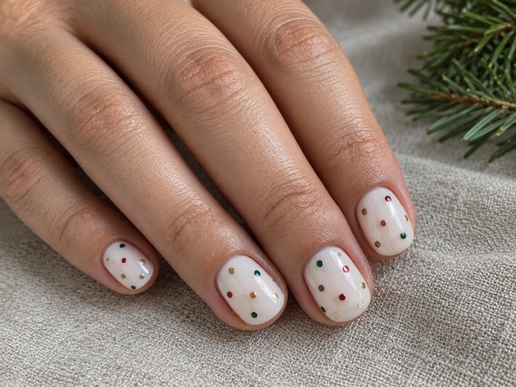 Easy red, green, and gold Christmas dot nail art on short natural nails with a milky white base.