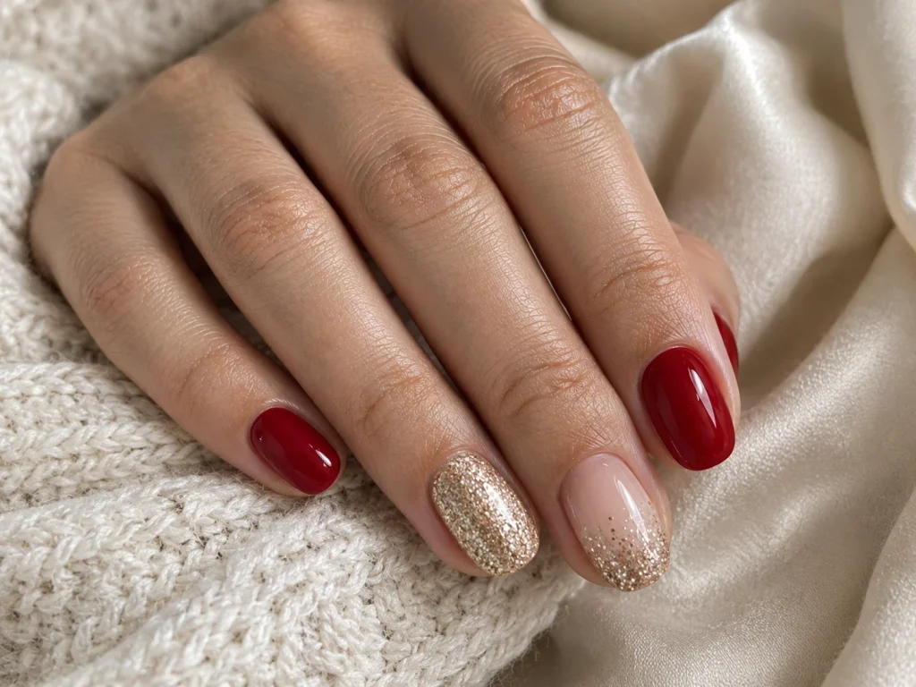 Easy gold glitter Christmas accent nails with glossy red polish on short natural nails.