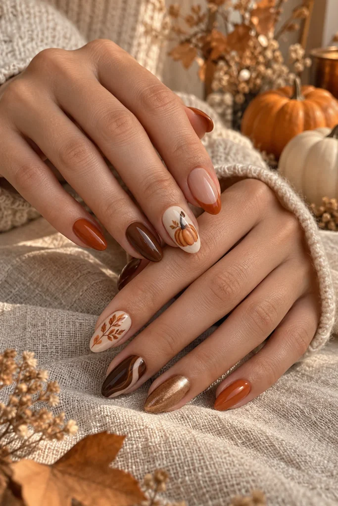 Elegant Pumpkin Mix and Match Nails