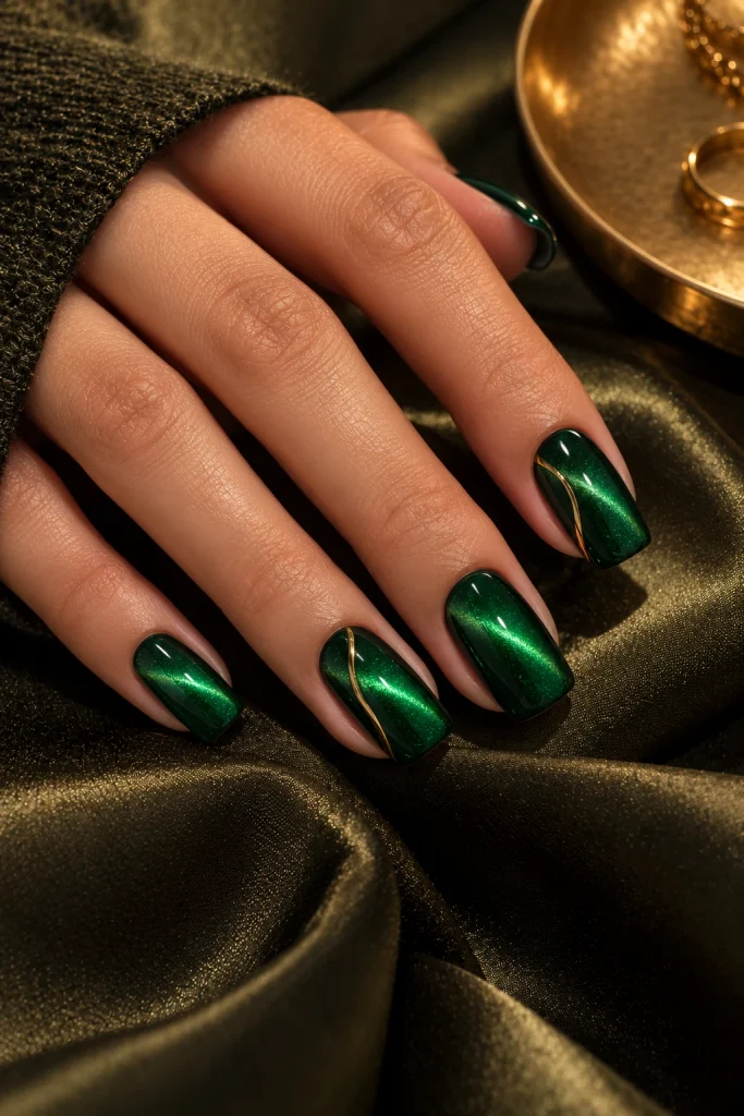Emerald green cat eye nails with delicate gold accent lines on two nails.