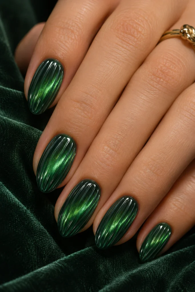 Emerald green ribbed glass nails with a luminous crystal-like finish.
