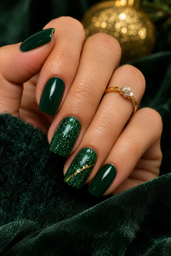 Emerald green Christmas nails with sparkling glitter accent nails.