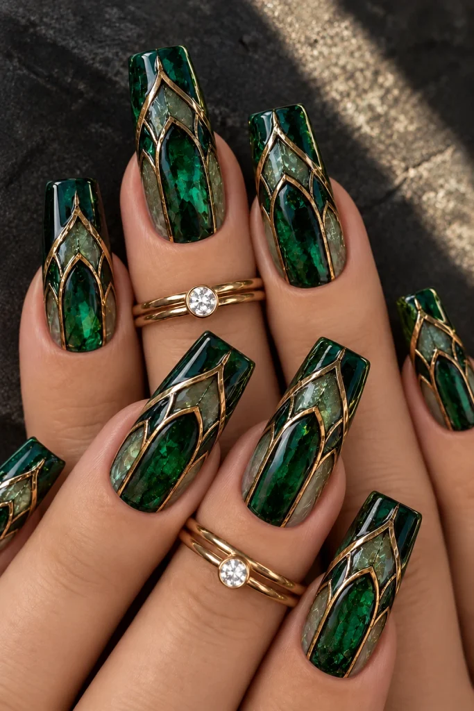Emerald green cathedral-inspired stained glass nails with elongated arches and antique-gold borders.