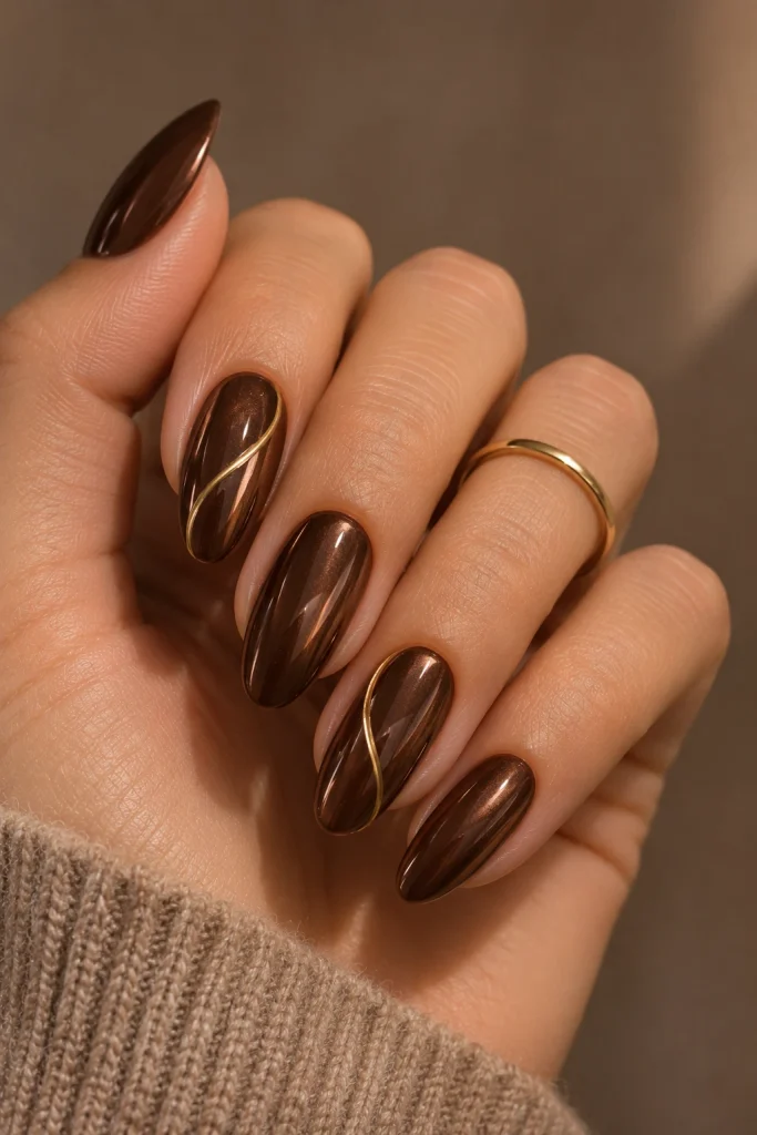 Espresso chrome almond nails with delicate gold line accents on selected fingers.