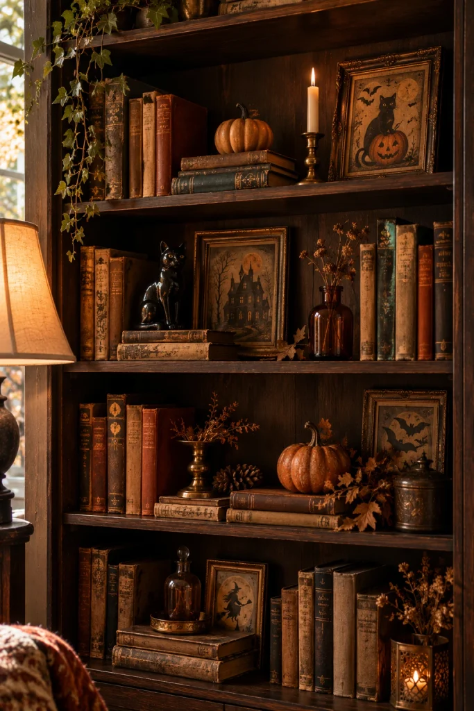Vintage Halloween bookshelf decorated with pumpkins, black cats, books, and amber glass
