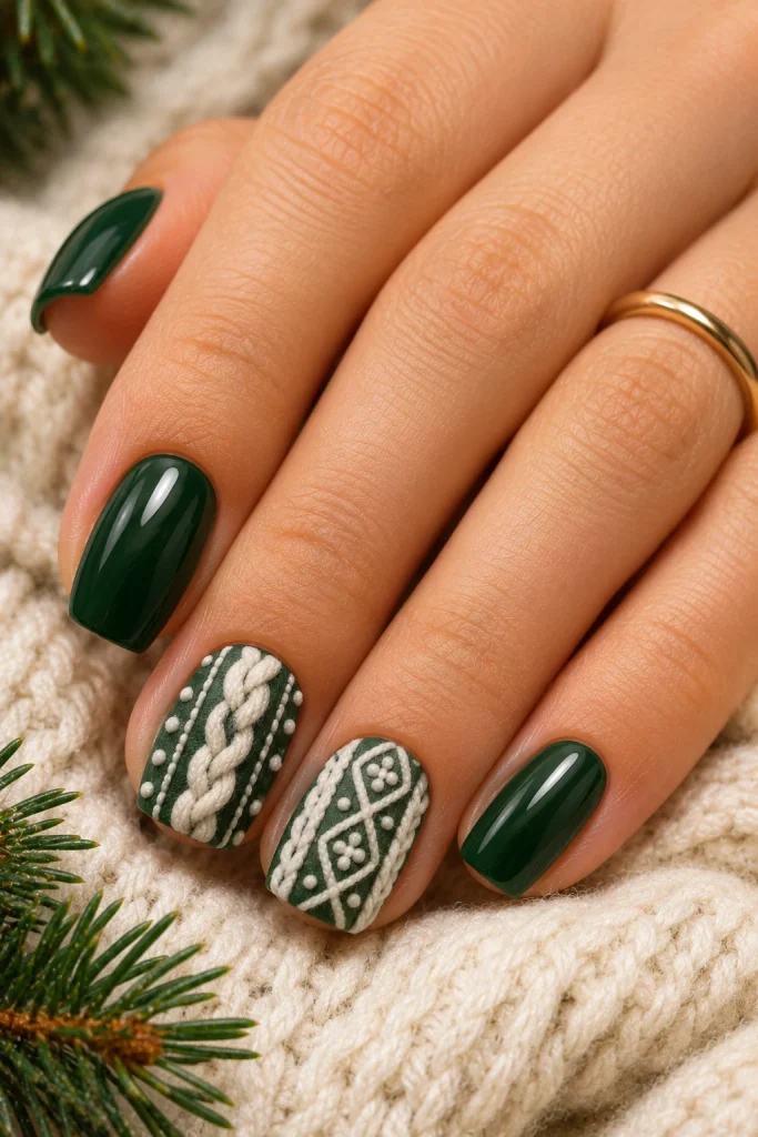 Forest-green Christmas nails with raised cream sweater-knit nail art.