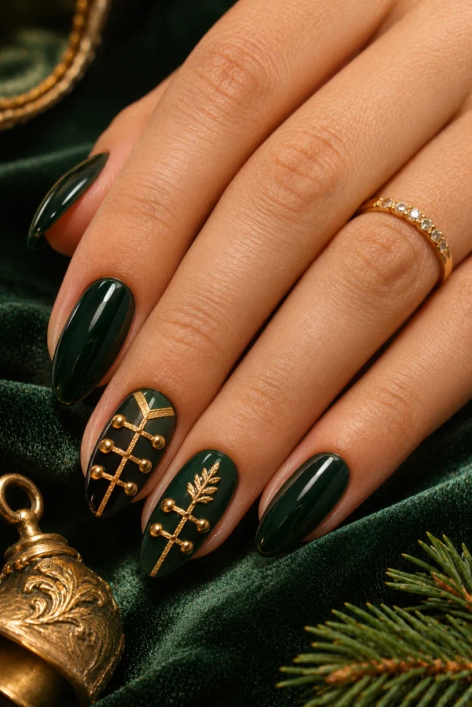 Deep forest-green Christmas nails with antique-gold Nutcracker-inspired detailing and a vintage holiday feel.