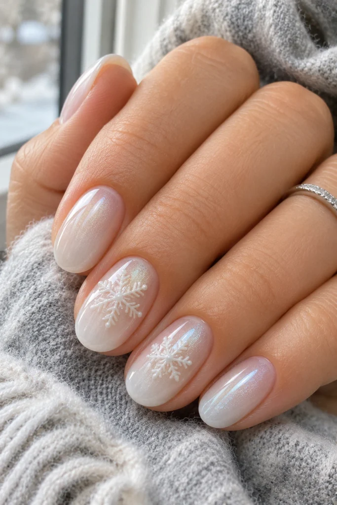 Milky white Christmas nails with delicate raised 3D snowflake details.