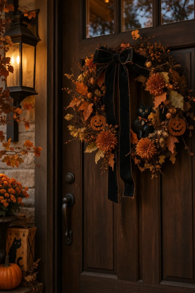 Vintage-inspired Halloween wreath on a dark front door