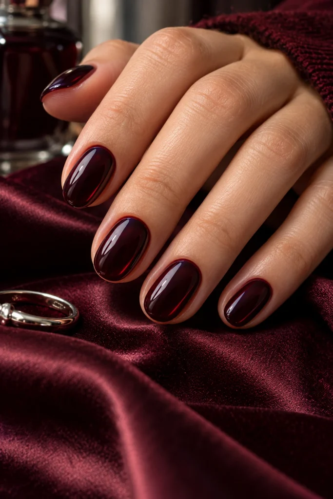 Glossy black cherry nails in a deep red-black shade on short oval nails.
