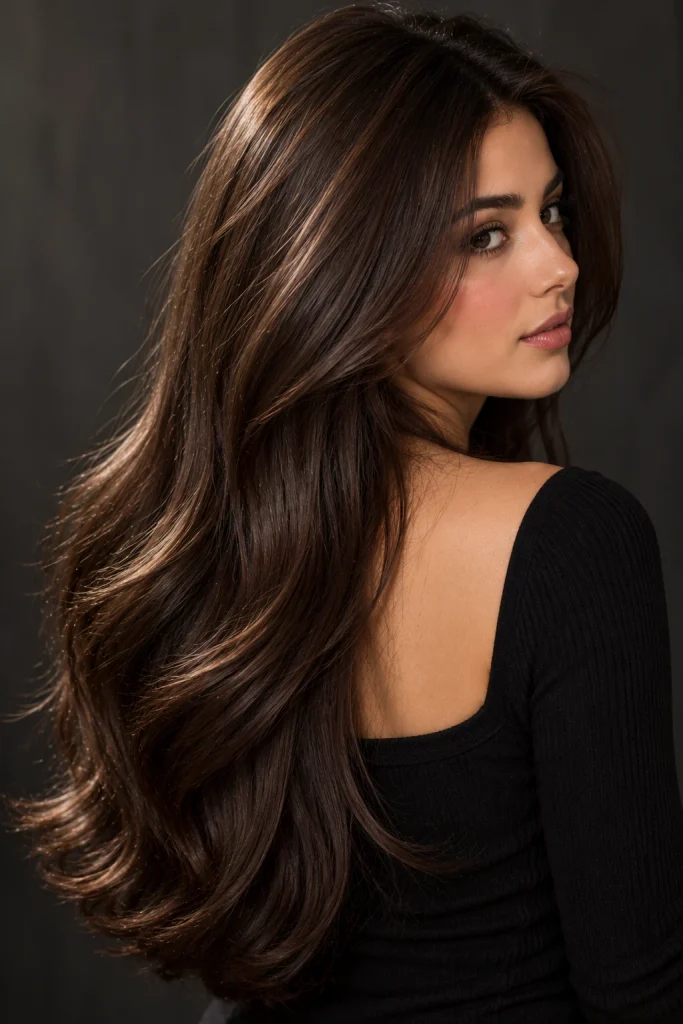 Long glossy espresso brunette hair with neutral brown undertones and soft, flowing layers.