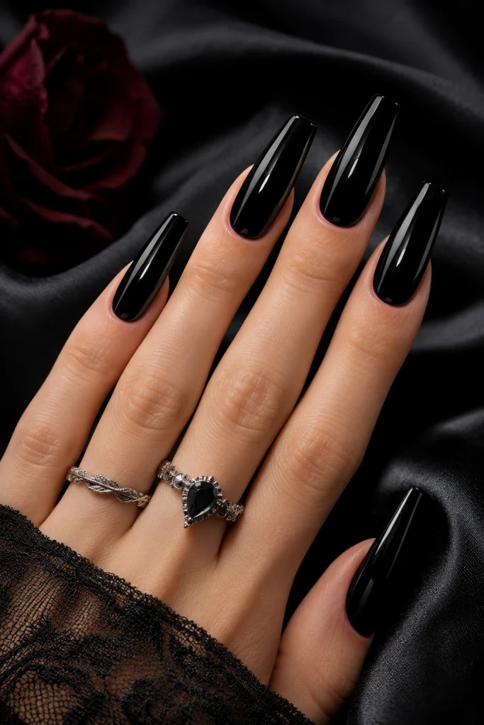 Glossy Jet-Black Gothic Coffin Nails