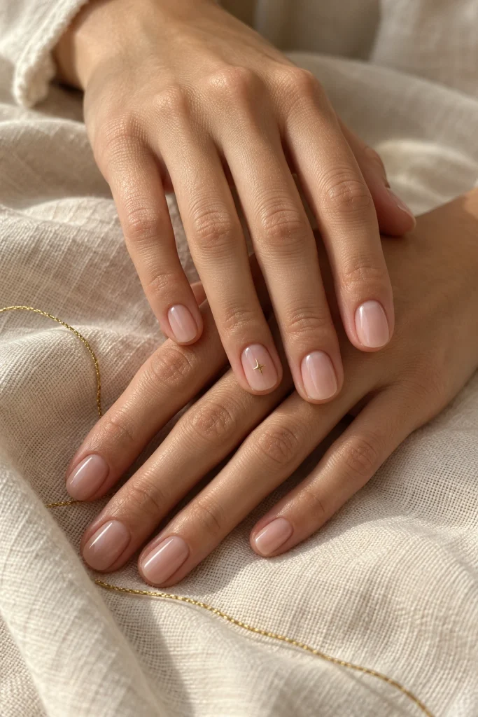 Glossy Nude Nails With a Single Gold Star