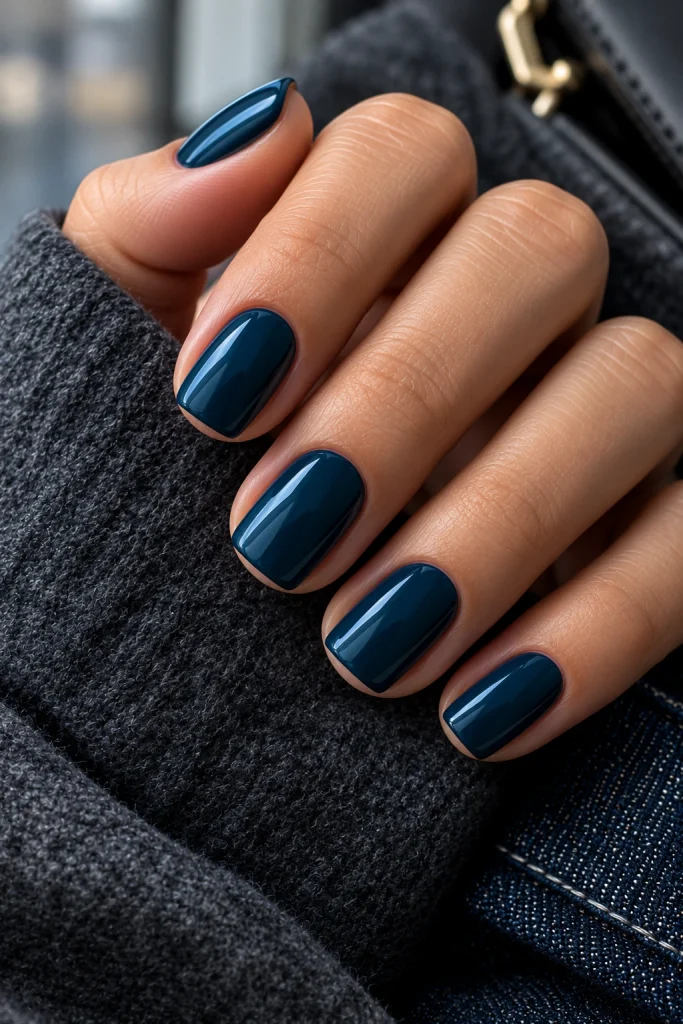 Glossy petrol blue nails on a short squoval manicure with deep blue-green color.
