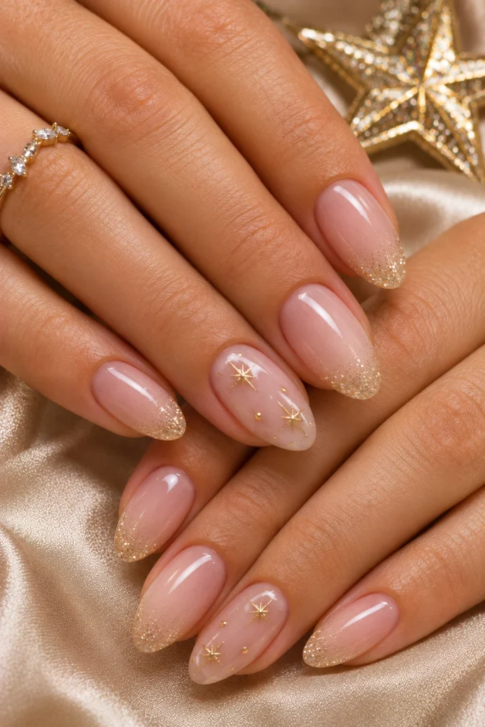 Elegant nude Christmas nails with delicate gold glitter stars.