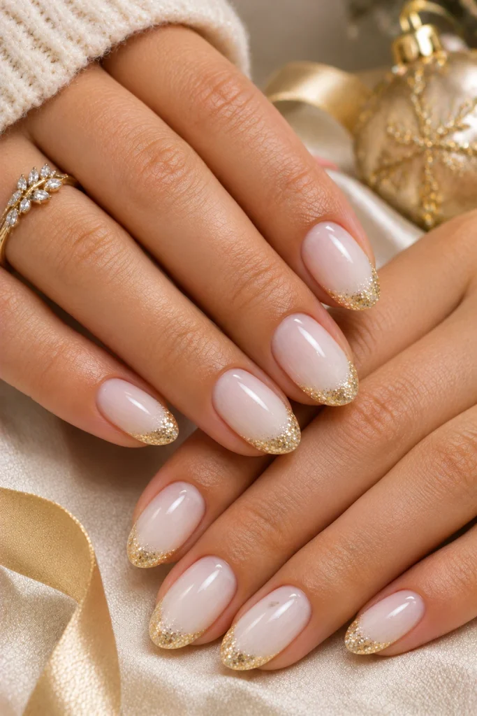 Milky white Christmas nails with fine gold glitter tips.