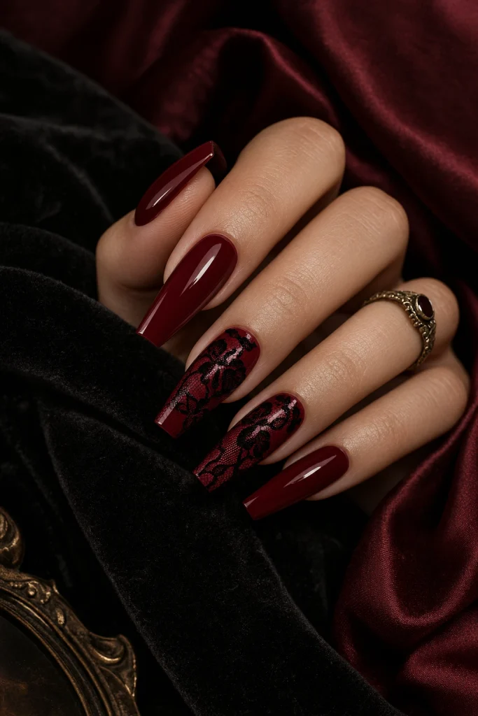 Gothic Black Lace on Oxblood Nails