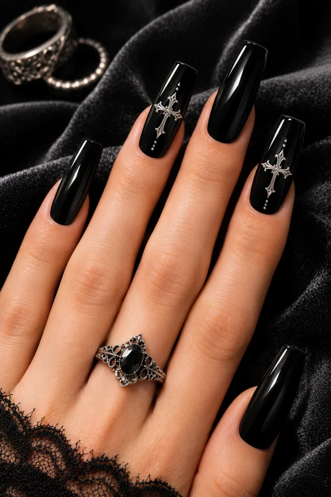 Gothic Coffin Nails With Silver Cross Accents