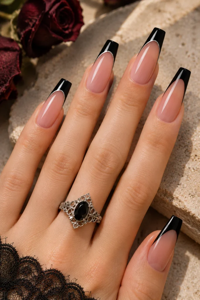 Gothic French Tips With a Sheer Nude Base