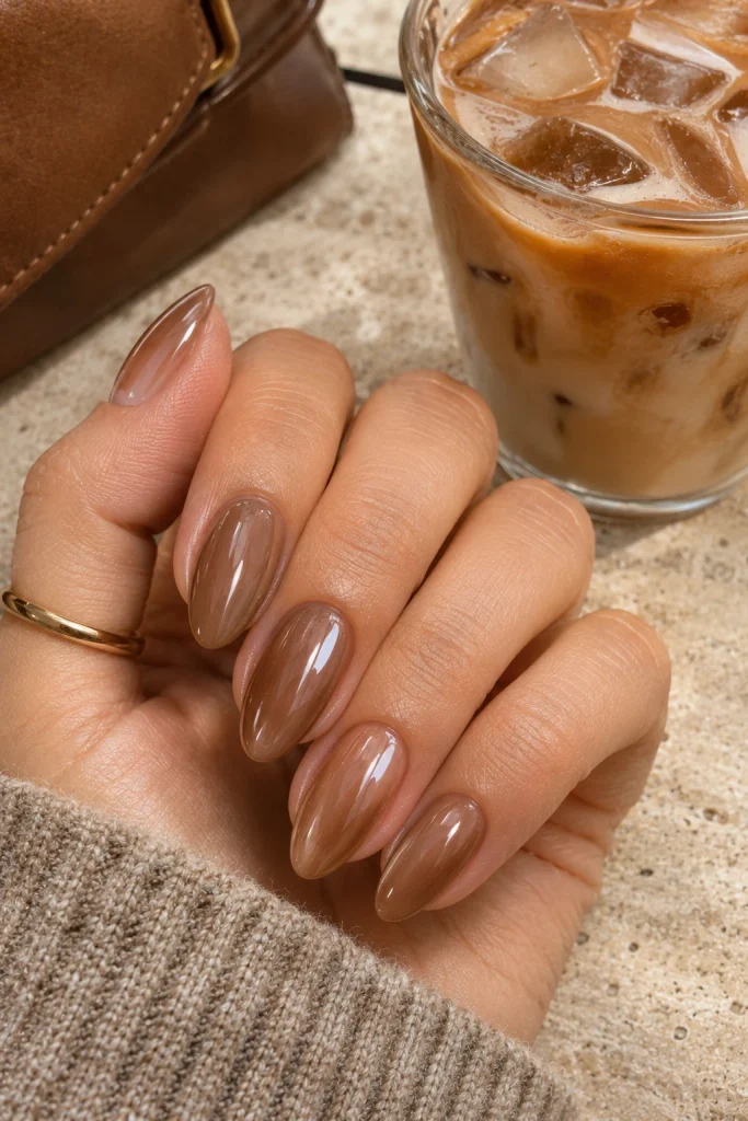 Iced coffee brown chrome nails with translucent latte undertones and glossy reflections.