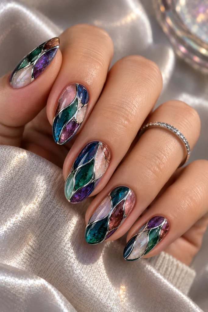 Iridescent stained glass nails with translucent emerald, sapphire, violet, and rose panels and fine silver outlines.