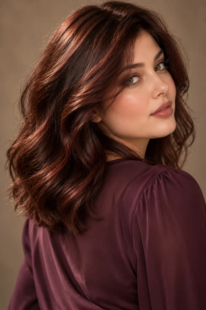Mahogany brown hair with subtle red-violet undertones and soft shoulder-length waves.
