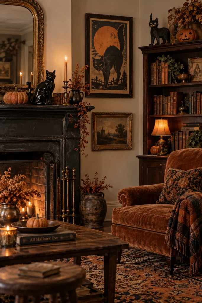 Vintage Halloween black cat decorations styled throughout a cozy room