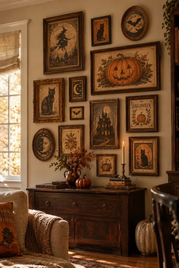 Vintage Halloween gallery wall with classic pumpkins, witches, cats, and bats