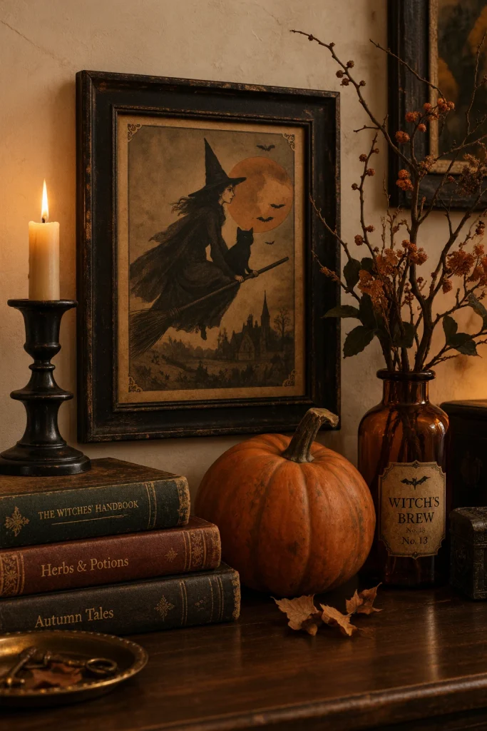 Old-fashioned vintage Halloween witch display with pumpkins and aged frames