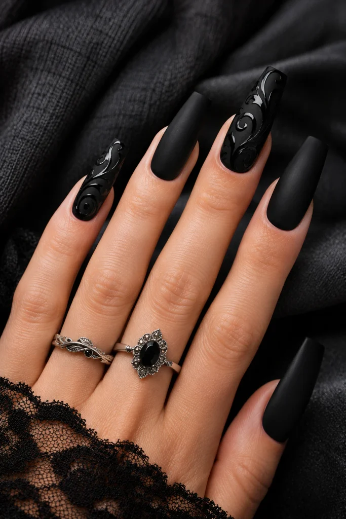 Matte Black Nails With Glossy Gothic Details