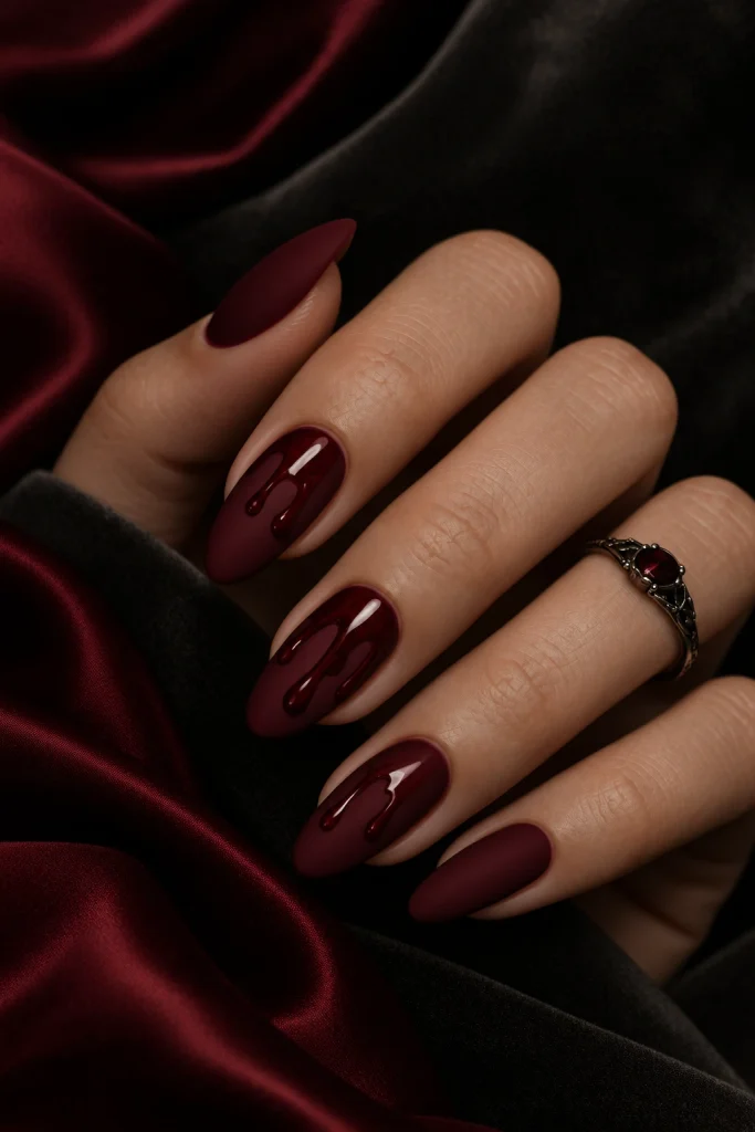 Matte Oxblood Nails With Glossy Red Drips