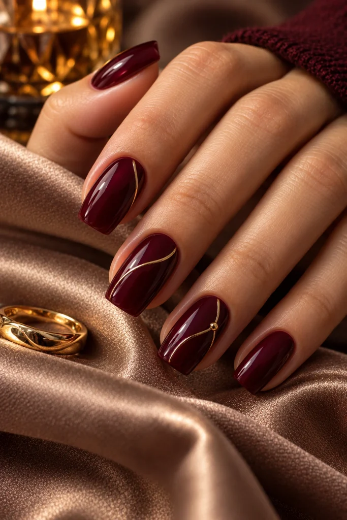 Merlot nails with delicate gold line accents on a glossy wine-colored manicure.