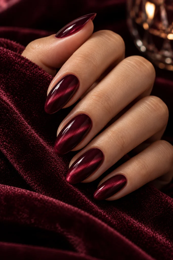 Merlot velvet cat-eye nails with a soft magnetic glow over deep wine-colored polish.