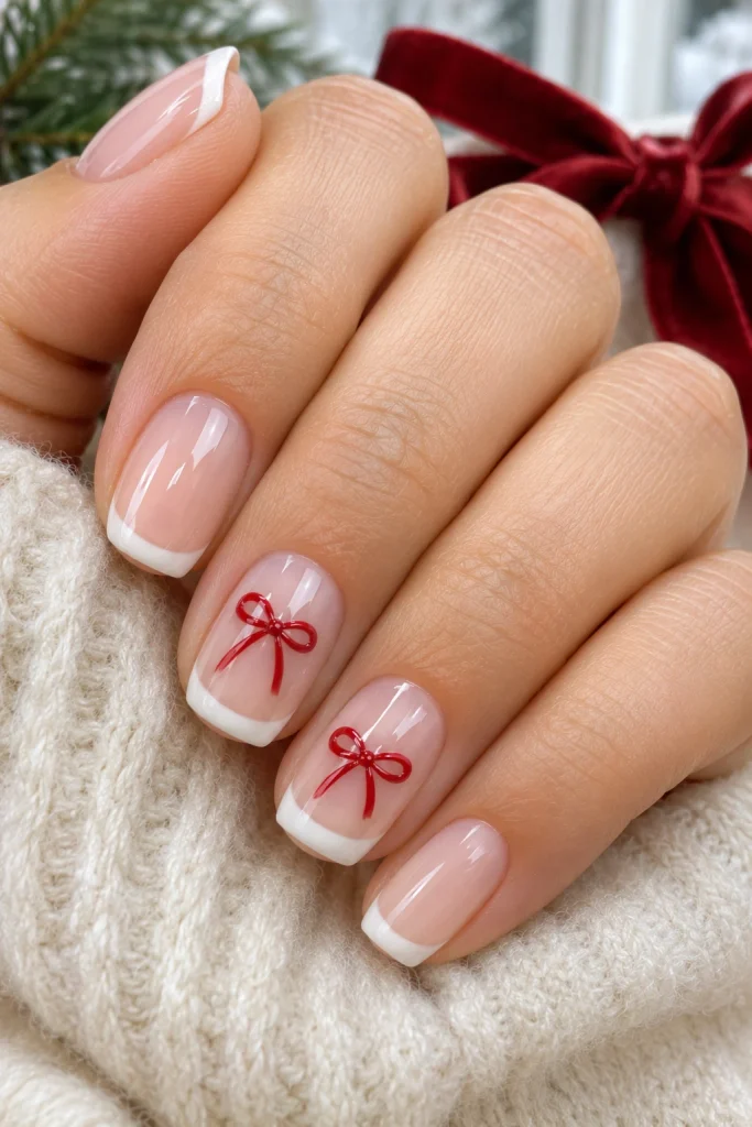 Milky nude French-tip nails with small red bow accents for a refined Christmas manicure.