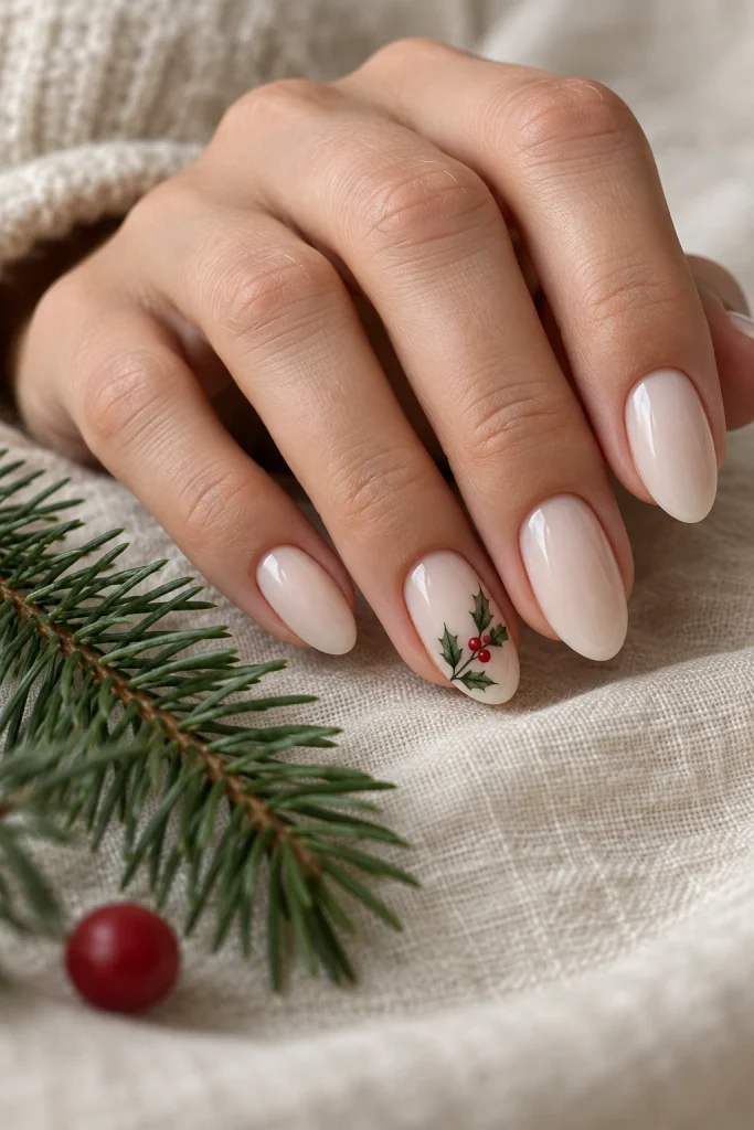  Milky Nude Nails With a Fine Holly Sprig