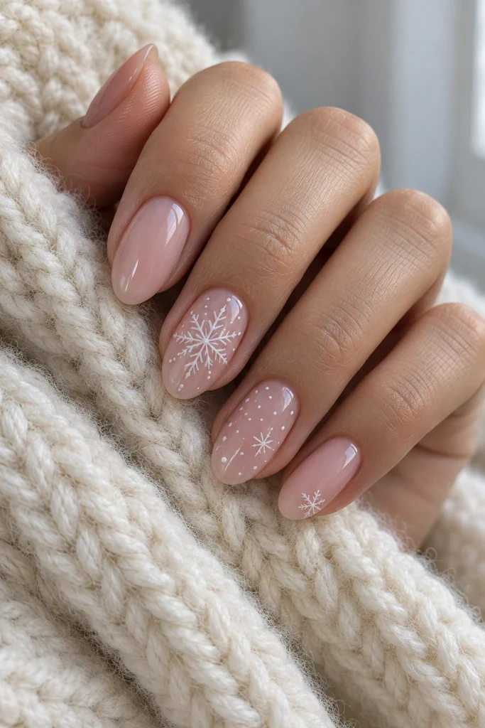 Milky Pink Nude Nails With Frosted White Snowflakes