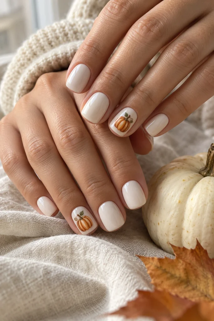 Milky White Nails With Tiny Pumpkins