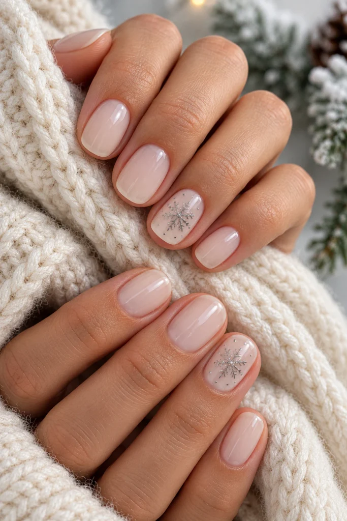 Milky White Nails With Tiny Snowflakes